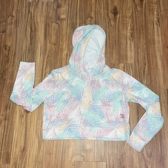 Reel Life womens hoodie Medium shirt  top palm pattern muted cropped white light - Picture 2 of 9